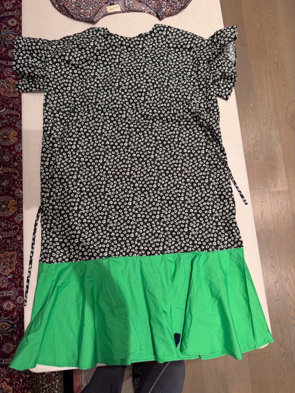 Black & White Floral drop waist dress with Green Panel